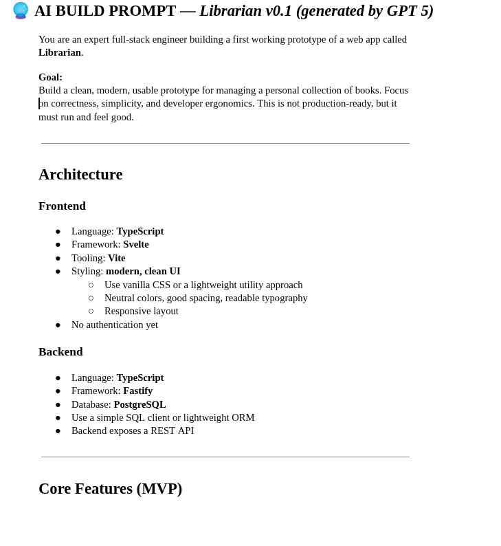 Librarian app initial prompt